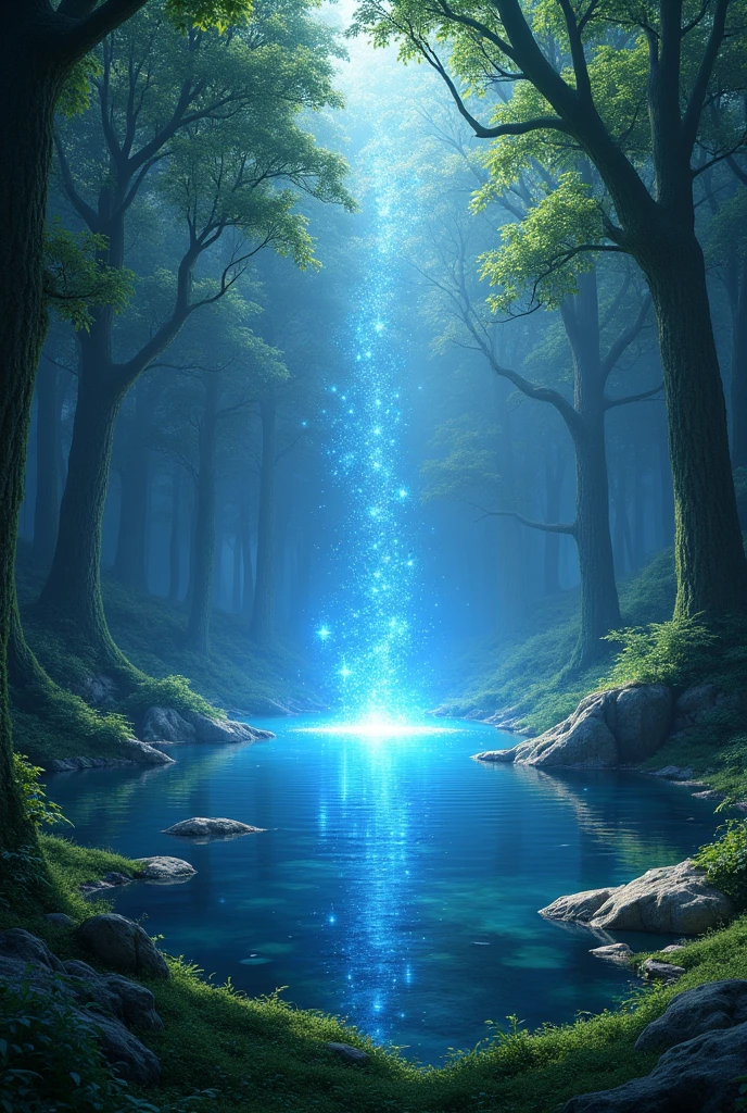 a forest, where in the middle of it there is a lake, in that lake, blue sparkles come out of it