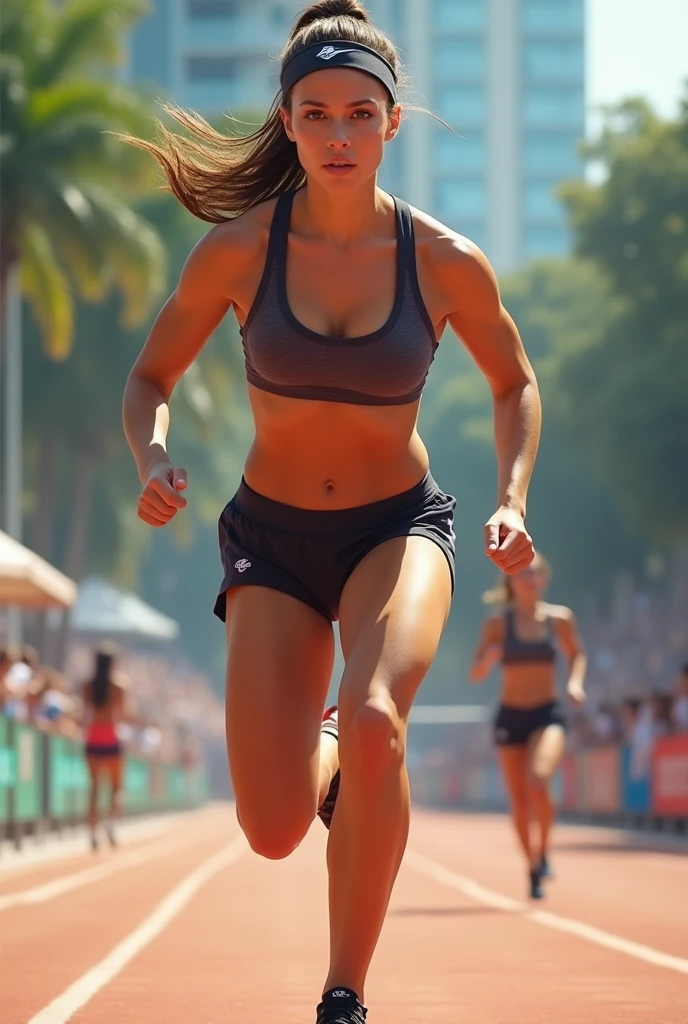 Track and field club、Female university student、1、Track and field clubユニフォーム、Sweating、Uniforms that expose a lot of skin、sexy、ponytail、(best quality,4K,8k,highres,masterpiece:1.2),ultra-detailed,(realistic,photorealistic,photo-realistic:1.37),HDR,uhd,studio lighting,ultra-fine painting,sharp focus,physically-based rendering,extreme detail description,professional,vivid colors,bokeh,cinematic lighting,dramatic shadow、High resolution, High-resolution model, Retina, Textured skin, Ultra high definition,