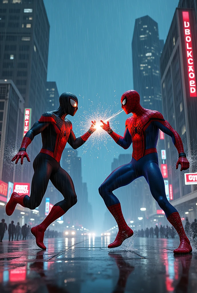 Generate me spiderman and spiderman 2099 fighting on a rainy night