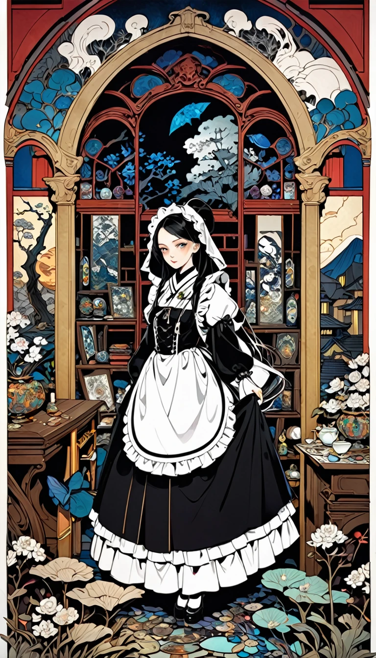 fusion of watercolors and oil paintings, fusion of paper cutting and shadow puppetry, mix of Japanese painting, ukiyo-e and woodblock prints, mix of monochrome and color, beautiful maid, the most luxurious, gorgeous, beautiful and wonderful maid outfit with lace frills, long ruffle skirt, robe, hood, Gothic, Romanesque, Baroque, Renaissance, Rococo, Art Nouveau, Northern Renaissance style, dark fantasy, cursed grim reaper maid with downcast face, hell's mansion, stained glass, horror effects, conceptual installation art, treasure and jewels (ultra detailed, absolutely resolution, best quality:1.3), 2D, delicate and dynamic, artistic, hyper, graphic CG digital art