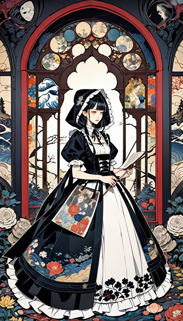 fusion of watercolors and oil paintings, fusion of paper cutting and shadow puppetry, mix of Japanese painting, ukiyo-e and woodblock prints, mix of monochrome and color, beautiful maid, the most luxurious, gorgeous, beautiful and wonderful maid outfit with lace frills, long ruffle skirt, robe, hood, Gothic, Romanesque, Baroque, Renaissance, Rococo, Art Nouveau, Northern Renaissance style, dark fantasy, cursed grim reaper maid with downcast face, hell's mansion, stained glass, horror effects, conceptual installation art, treasure and jewels (ultra detailed, absolutely resolution, best quality:1.3), 2D, delicate and dynamic, artistic, hyper, graphic CG digital art