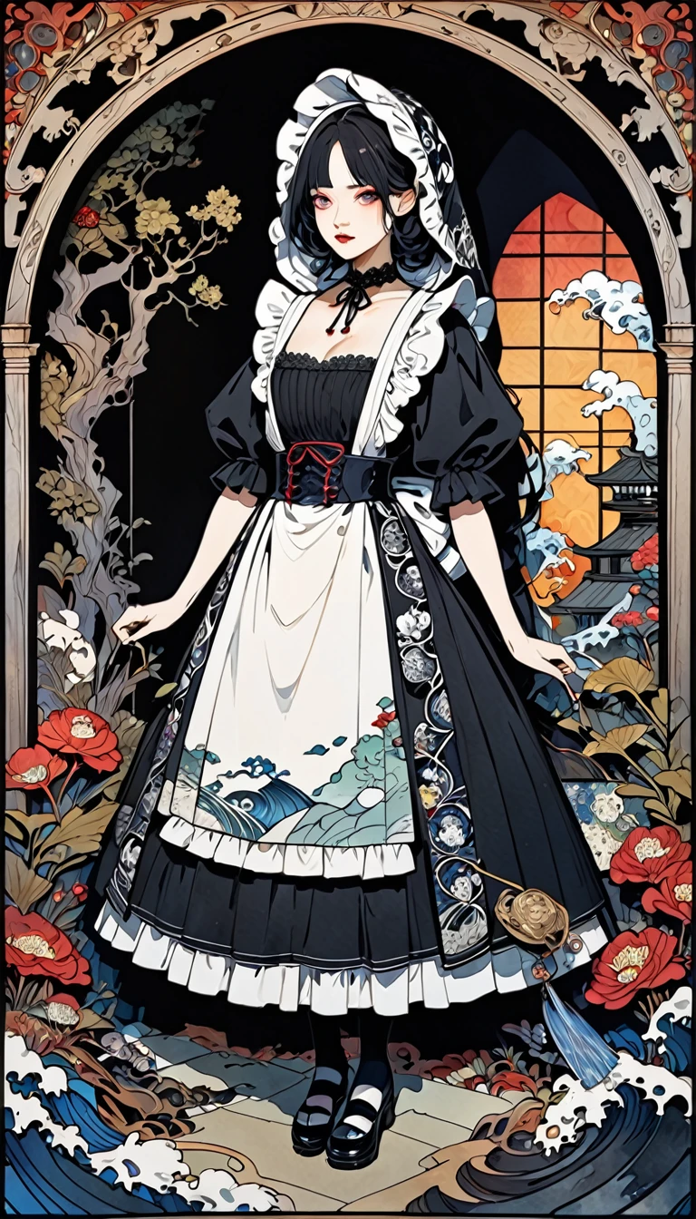 fusion of watercolors and oil paintings, fusion of paper cutting and shadow puppetry, mix of Japanese painting, ukiyo-e and woodblock prints, mix of monochrome and color, beautiful maid, the most luxurious, gorgeous, beautiful and wonderful maid outfit with lace frills, long ruffle skirt, robe, hood, Gothic, Romanesque, Baroque, Renaissance, Rococo, Art Nouveau, Northern Renaissance style, dark fantasy, cursed grim reaper maid with downcast face, hell's mansion, stained glass, horror effects, conceptual installation art, treasure and jewels  (ultra detailed, absolutely resolution, best quality:1.3), 2D, delicate and dynamic, artistic, hyper, graphic CG digital art