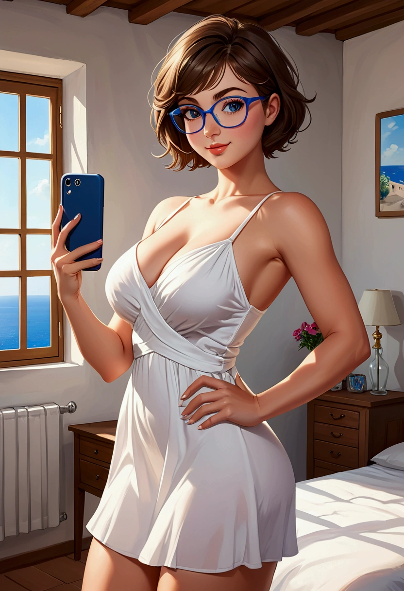20 years old woman, Short brown hair, Mediterranean with blue eyes, Generous and heavy breasts, slender waist, estomac defini, fesses rebondies et pulpeuses, naturally curved, muscular thighs, aguicheuse, Room, lunettes, air joyeux, Selfie, White summer dress