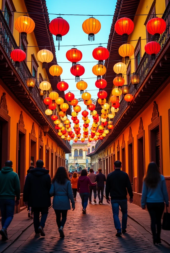 Street in Antigua Guatemala full of lanterns