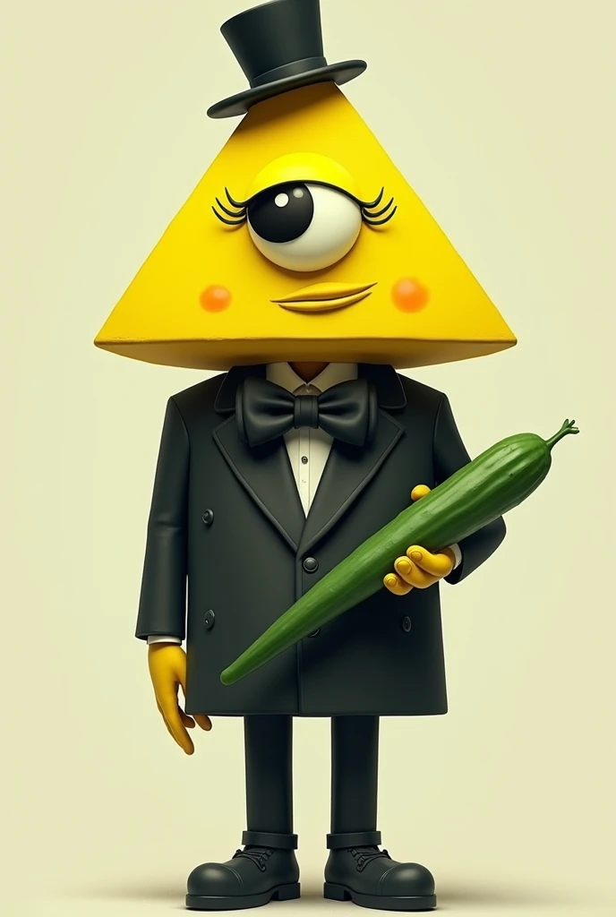 yellow triangle with one eye with eyelashes,
black bowtie, black tophat and black limbs and holding a cucumber