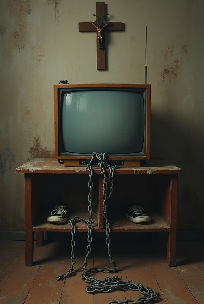 Represents apolitical people with a television, a cross and chains
