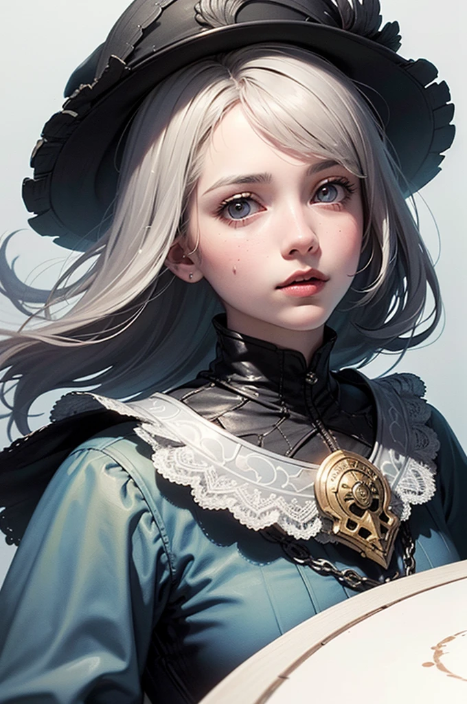 ((best qualityer)), ((work of art)), (detailded), face perfect (((tabletop, of the highest quality, super detailded))), Hand-drawn style, hand painted style, water colour, outline, a knight, white background, plain background, Inspired by Bloodborne, Bloodborne's raggedy outfit, occult aesthetic, occult, tatty red and white clothing detailded and intricate steampunk and detailded gothic ta (in a hoodie), long overcoat, Complex lace-up boots, Fluttering lace flared long knee length dress with frilly petticoats, long robe, knee length dress, pleated petticoats, loliress, gothic lolita pcoats, beautiful small breasts, (((( Highly detailded face))), small and thin nose, Mouth with small, thin lips, (((Very sharp and focused eyes))), Very large slit precision pale gray eyes that shine like jewels. very long eyelashes, Silver hair blowing in the wind, Emitting a dazzling light in a mandala pattern, white background, very dramatic and cinematic lighting, old red and white clothes, tattered and damaged, full cos, whole cos, cos, cosmic terror, dark dark
