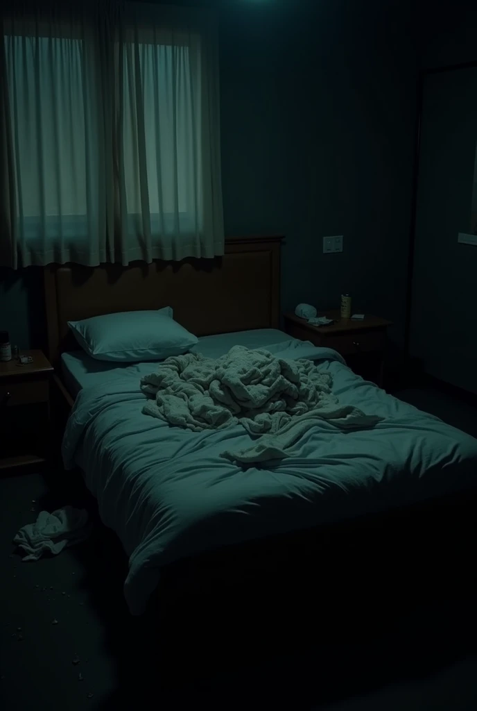 A messy bed in a dark room in photo style




