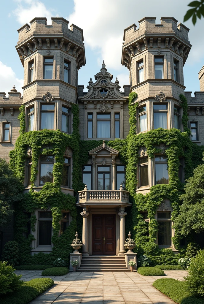 Old money house with more details and with towers on the sides and with plants on the walls