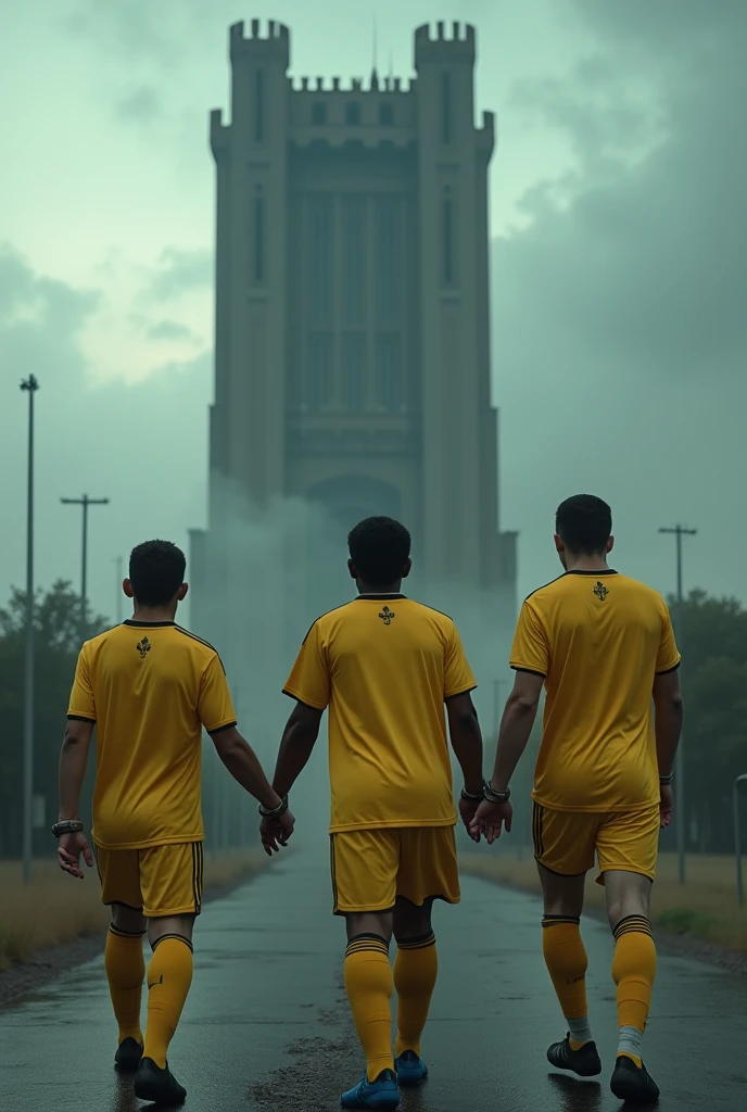 Three football players in yellow uniforms with their hands tied and moving towards the castle like slaves in a scary atmosphere or a big skyscraper castle in Khorram Abad, Lorestan, Iran.