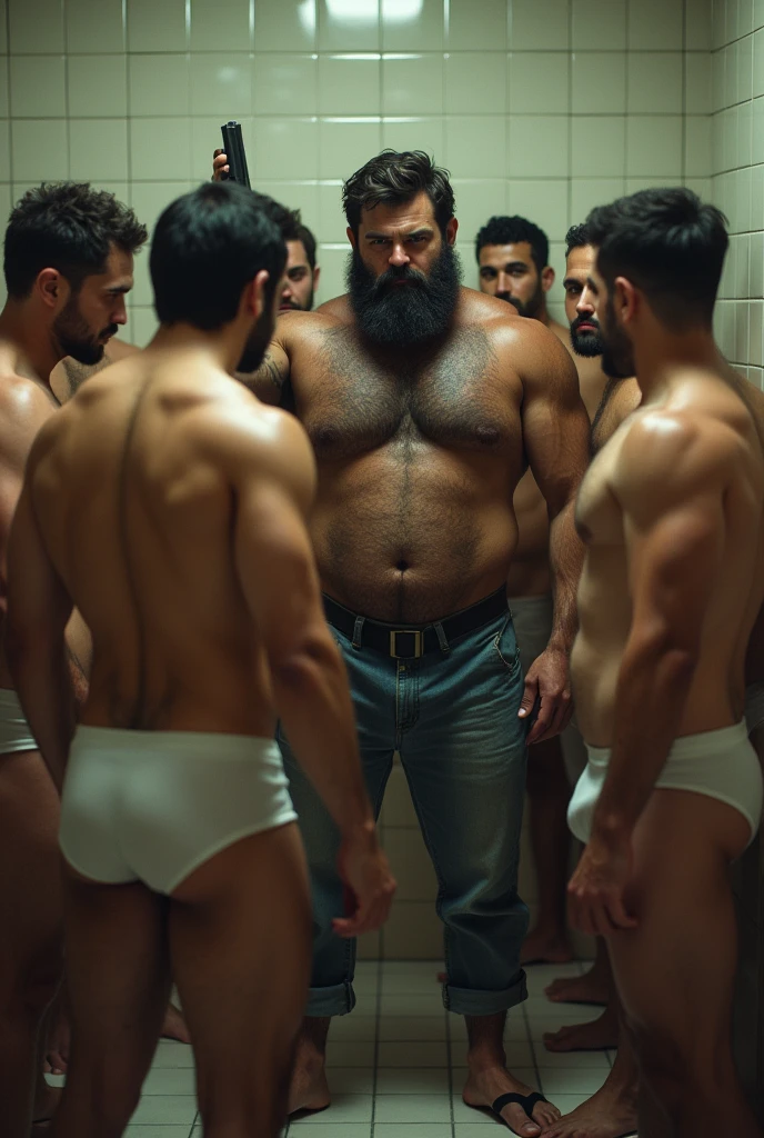 Strong mixed race police officer, bearded and hairy man in black underwear pointing and putting handcuffs on another man in a public bathroom surrounded by men.