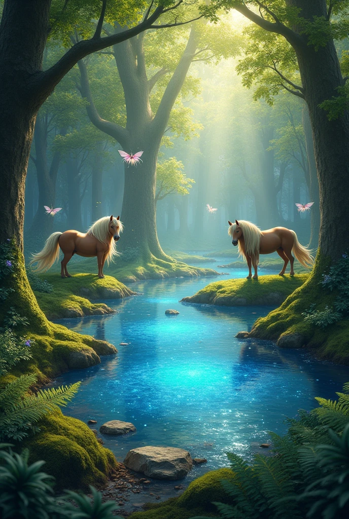 a forest, where in the middle of it there is a lake, in that lake, blue sparkles come out of it, near this lake you can see fairies, horses, and elves 