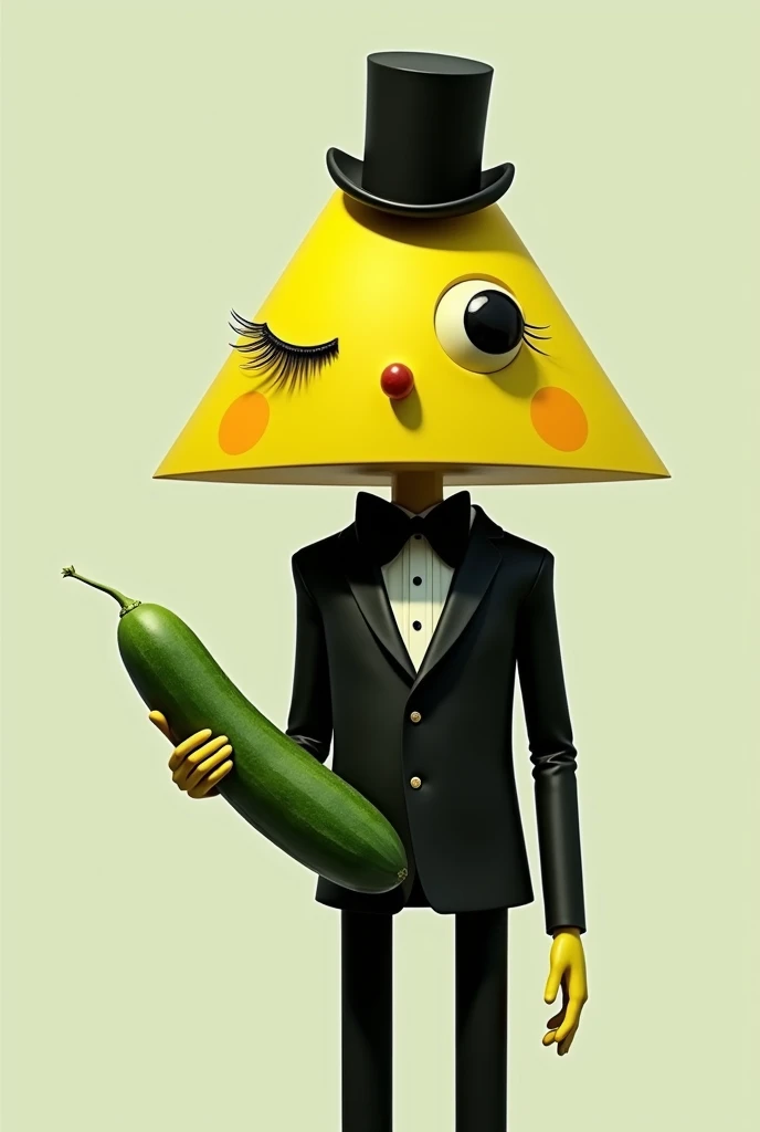 yellow triangle with one eye with eyelashes,
black bowtie, black tophat and black limbs and holding a cucumber