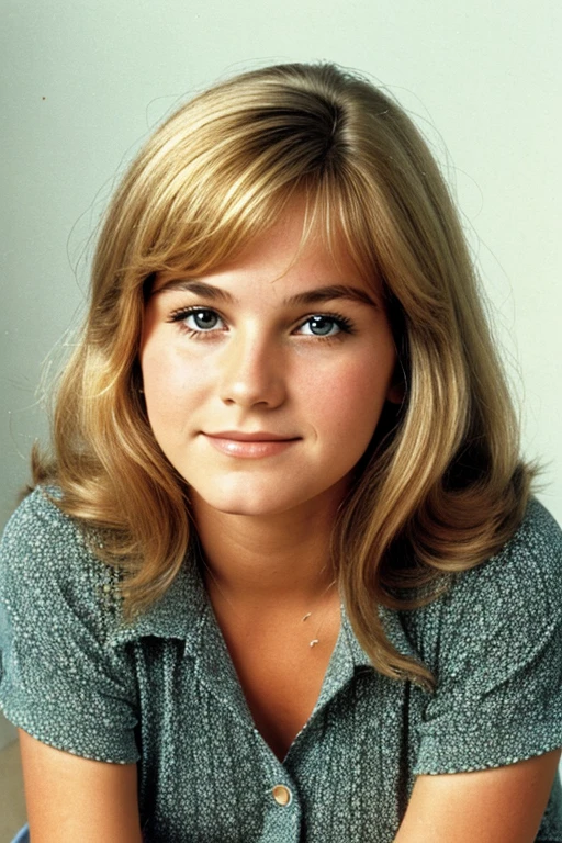 Medium view, of young aged, 16 year old, mom, gilf, milf, face portrait, german features, chubby, long 1970s hair, blond hair, 1970s clothing, in Small town 1970s,