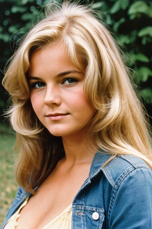 Medium view, of young aged, 16 year old, mom, gilf, milf, face portrait, german features, chubby, long 1970s hair, blond hair, 1970s clothing, in Small town 1970s,