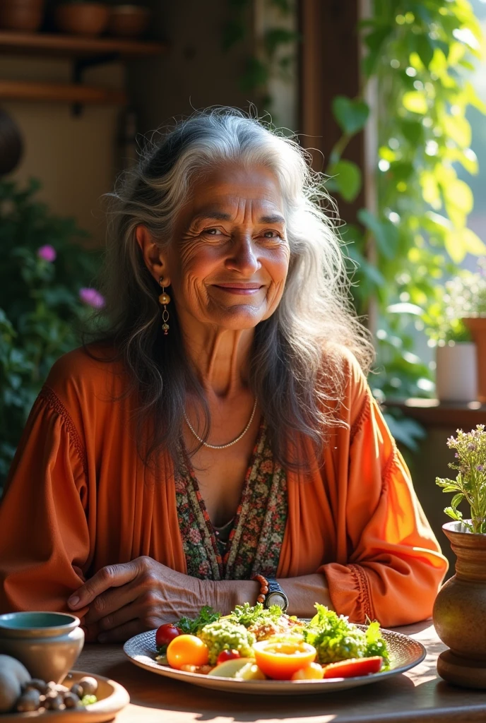 67-year-old lady of Mexican nationality, which is hippie and bohemian, eats his vegetarian breakfast