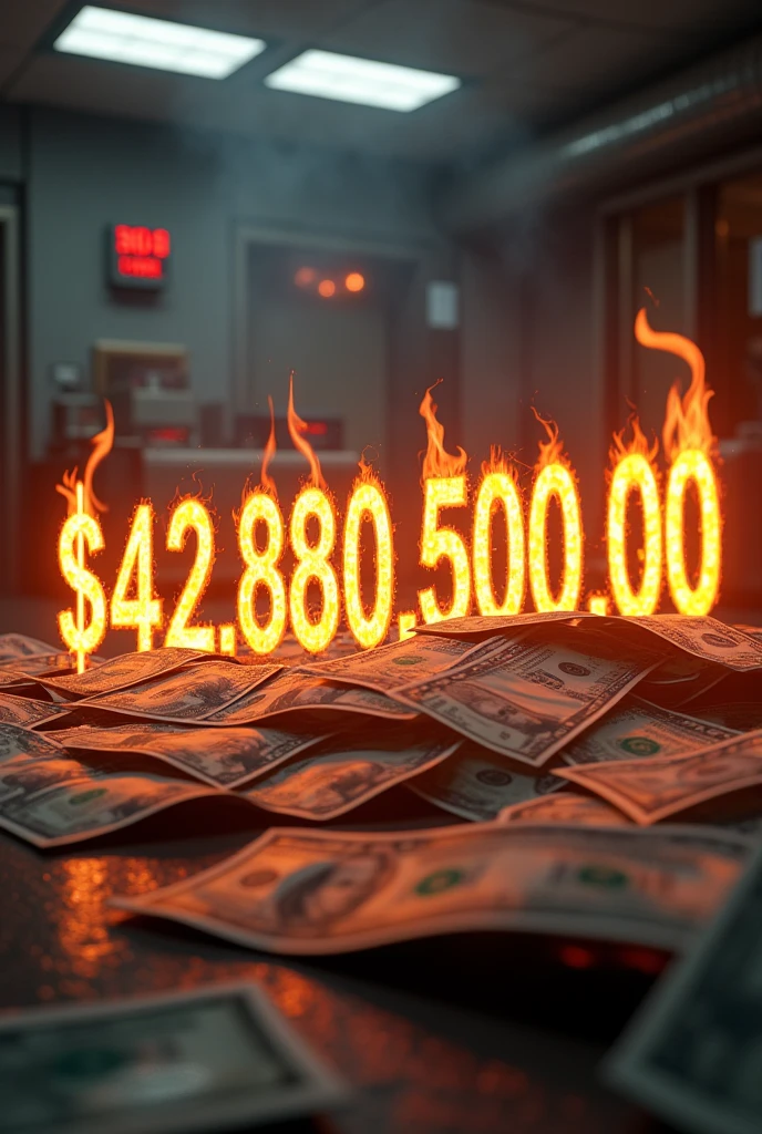 (photorealism:1.2), 16x9 wallpaper, with number "$42,880,500.00" with burning edges, with a fire alarm on the ceiling and sprinkler releasing water