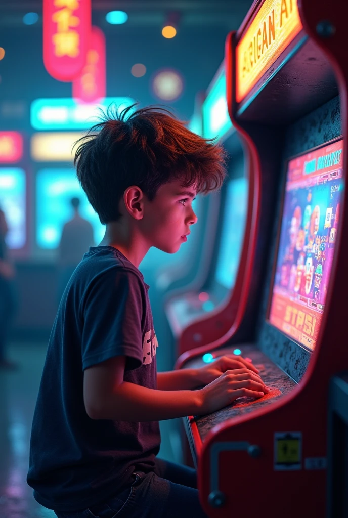 Boy playing arcade in the 80s