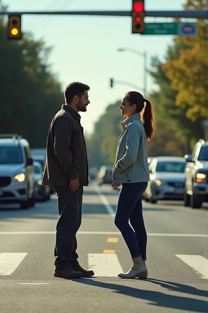 Across the street, Juan and Ana exchange glances of relief as Mrs. Carmen continues on her way., grateful. The camera zooms out, showing the traffic light and the calm crossing.