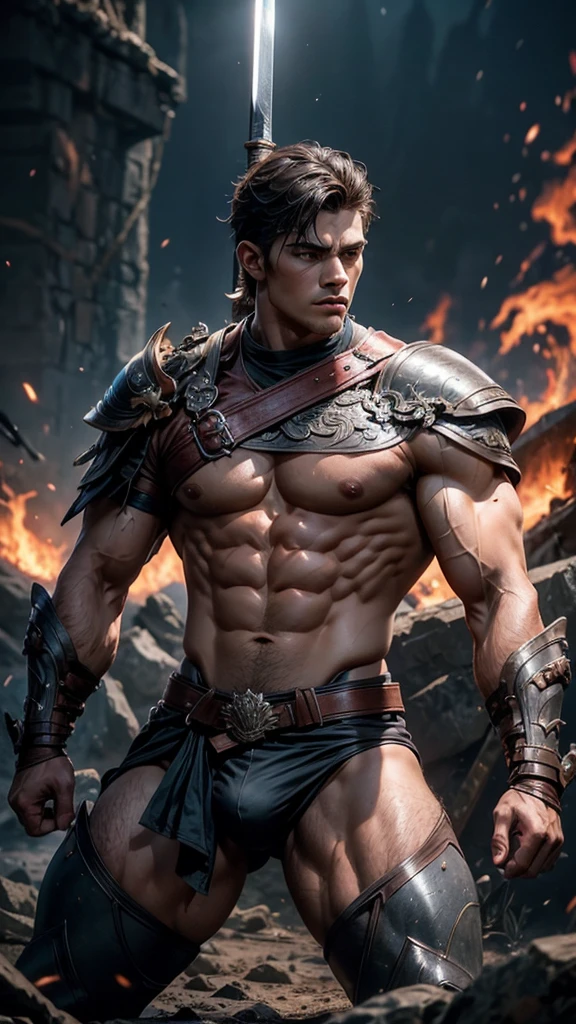 Amidst the epic battlefield, a male muscular young warrior stands, handsome face, extremely detailed facial features, perfect eyes, sexy gaze, perfect lips, perfect bare body, clad in brief that accentuate his toned physique, with chiseled abs and large chest, he exudes strength and power. His briefs are fitted snugly, revealing the contour of his muscular legs and thighs, (bulge: 1.2), highlighting his masculinity and readiness for combat. His eyes are focused, determination etched onto his face, as he prepares for the next battle, embodying the spirit of courage and resilience, sword in hand, fire and ashes all around, full view, battle posture, attacking with the sword,