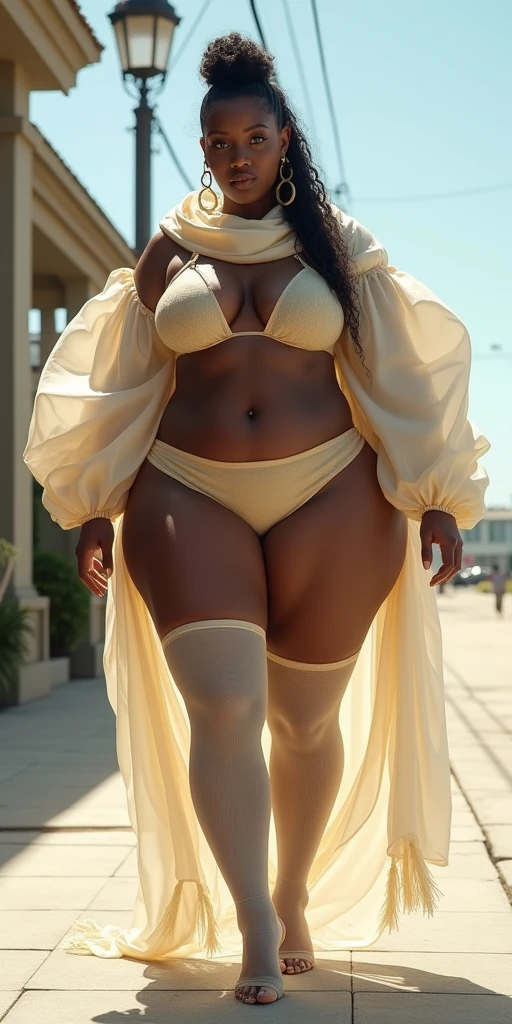 MASSIVE HIPS, MASSIVE BUTTOCKS, translucent (beige plastic) leg warmers + garters, UHD, She's a dark skin melanin Goddess, translucent (puffy MASSIVE) white sleeves skirt scarf, beach sidewalk, tiny waist, infinitely smallest waist, tiny paper-thin waistline, long mohawk high cut, no nudity