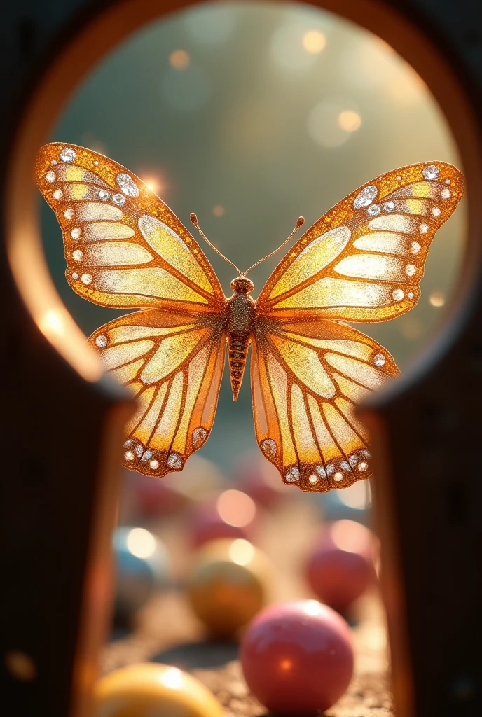 work of art, best qualityer, Full HD, (ultra detaild)
Postcard of magnificent butterfly insects with golden and Swarovski-encrusted petals. Butterfly of resplendent purity that unfolds its wings in all its splendor and takes flight. Multicolored balls scattered all over the poster.
Photograph taken through the keyhole.