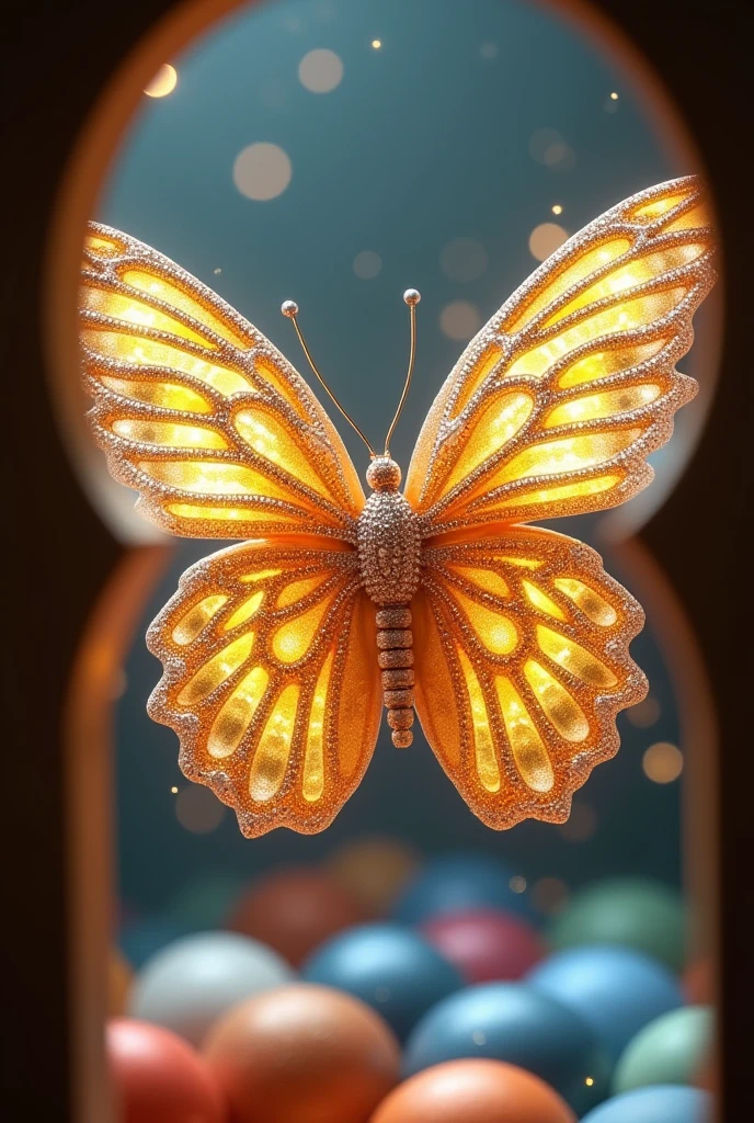 work of art, best qualityer, Full HD, (ultra detaild)
Postcard of magnificent butterfly insects with golden and Swarovski-encrusted petals. Butterfly of resplendent purity that unfolds its wings in all its splendor and takes flight. Multicolored balls scattered all over the poster.
Photograph taken through the keyhole.