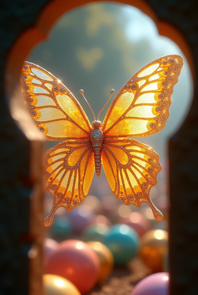 work of art, best qualityer, Full HD, (ultra detaild)
Postcard of magnificent butterfly insects with golden and Swarovski-encrusted petals. Butterfly of resplendent purity that unfolds its wings in all its splendor and takes flight. Multicolored balls scattered all over the poster.
Photograph taken through the keyhole.