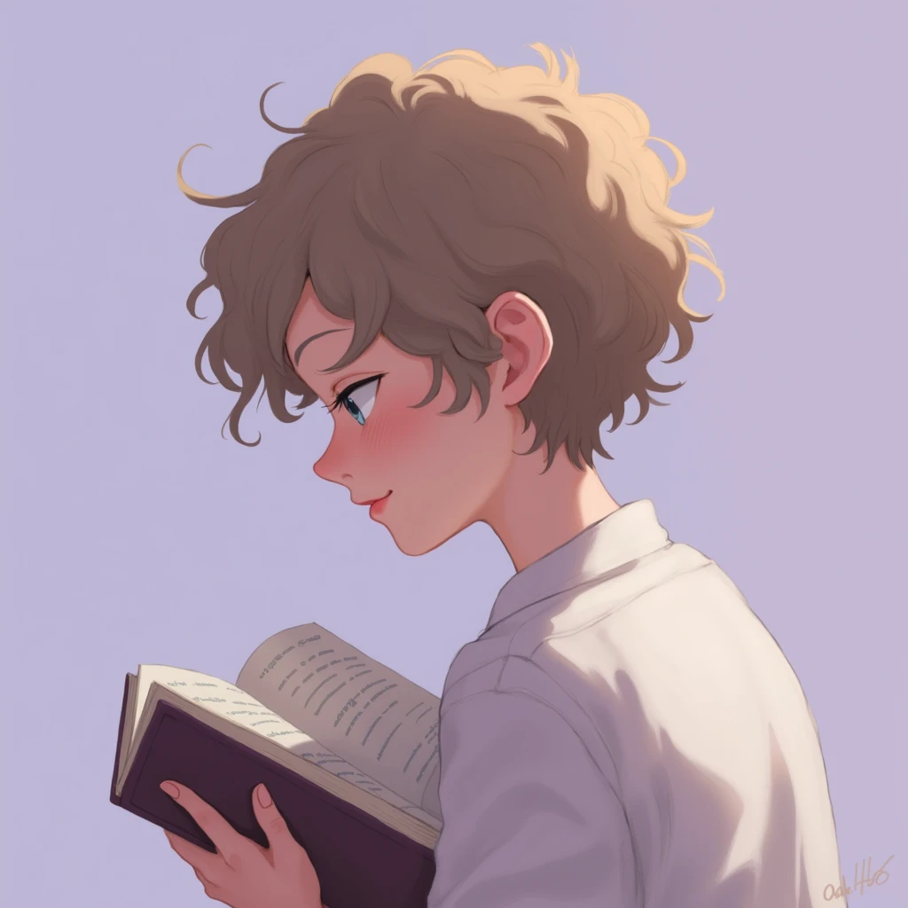 1080 x 1080 pixels Purple Poems Profile Picture/lilac short curly light brown hair reading a book png format