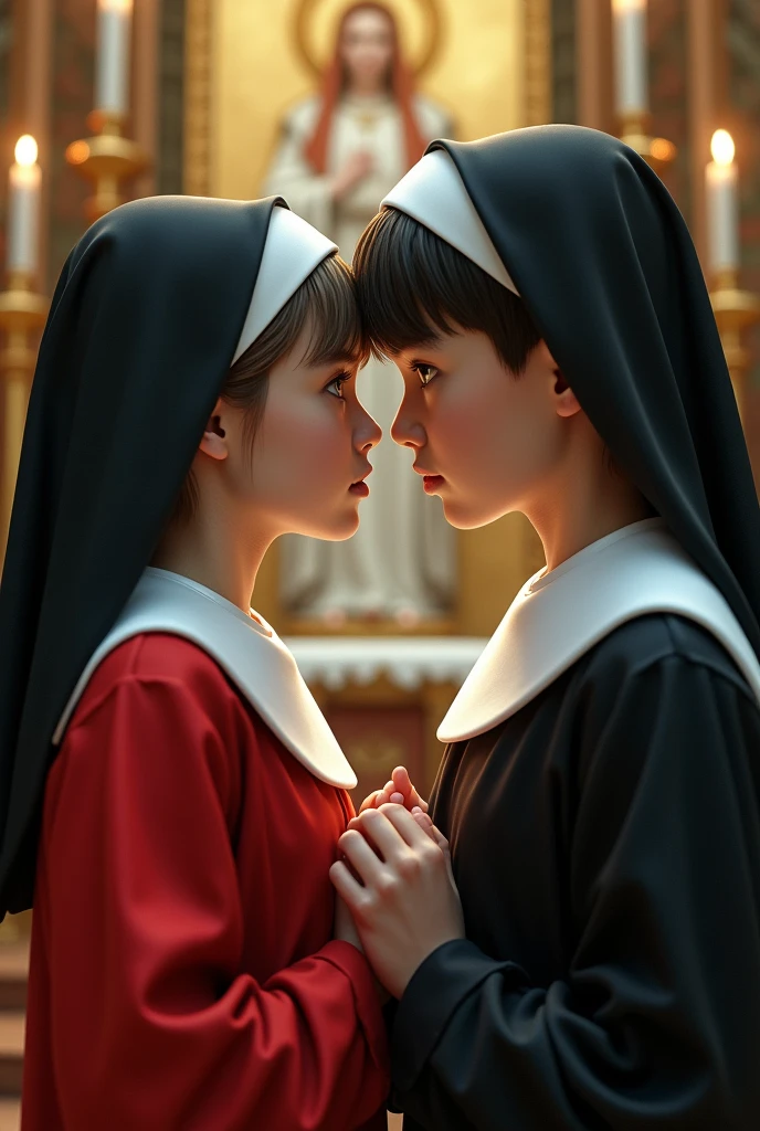 (absurderes, 8k, 4K, work of art, hyper extreme detailed:1.2), duas pessias 1 girl, 1 garotos from front view, perfect faces, 1 girl, portraite, eyes locked, standing, shorth hair, hair with gel, red tunic, black tunic, white surplice, long sleeves, fazendo penitential act de culpa, closed right hand hitting the chest, nun clothes, child, catholic church, religious, Godlike, nun costume, virado para a frente, from front view, tilt your head, altar boy clothes, acolyte clothing, eyes locked, right hand hitting the chest, penitential act.