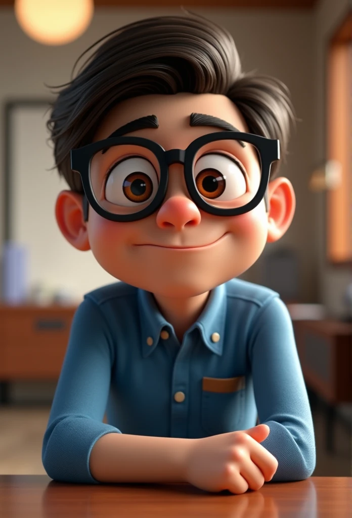 Cartoon character of a man in black glasses and blue shirt, an animated character, stylized character, animation style rendering, 3d stylized, Arnold Maya rendering, Stylized 3D rendering, toon render screenshot, 3d character, 3d character, Stylized 3D rendering, 3D character rendering, cartoon character, Personagem de close up, character posing, (Pixar-style) (master part:1.2) (bokeh) (best qualityer) (skin detailed) (detailed texture) (8k) (Argilla) (cinematic lighting) (sharp focus,Sit down and lift your upper body
