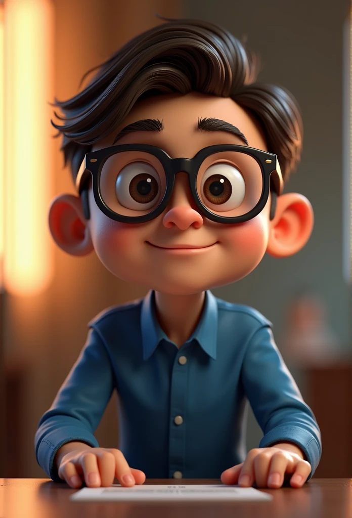 Cartoon character of a man in black glasses and blue shirt, an animated character, stylized character, animation style rendering, 3d stylized, Arnold Maya rendering, Stylized 3D rendering, toon render screenshot, 3d character, 3d character, Stylized 3D rendering, 3D character rendering, cartoon character, Personagem de close up, character posing, (Pixar-style) (master part:1.2) (bokeh) (best qualityer) (skin detailed) (detailed texture) (8k) (Argilla) (cinematic lighting) (sharp focus,Sit down and lift your upper body