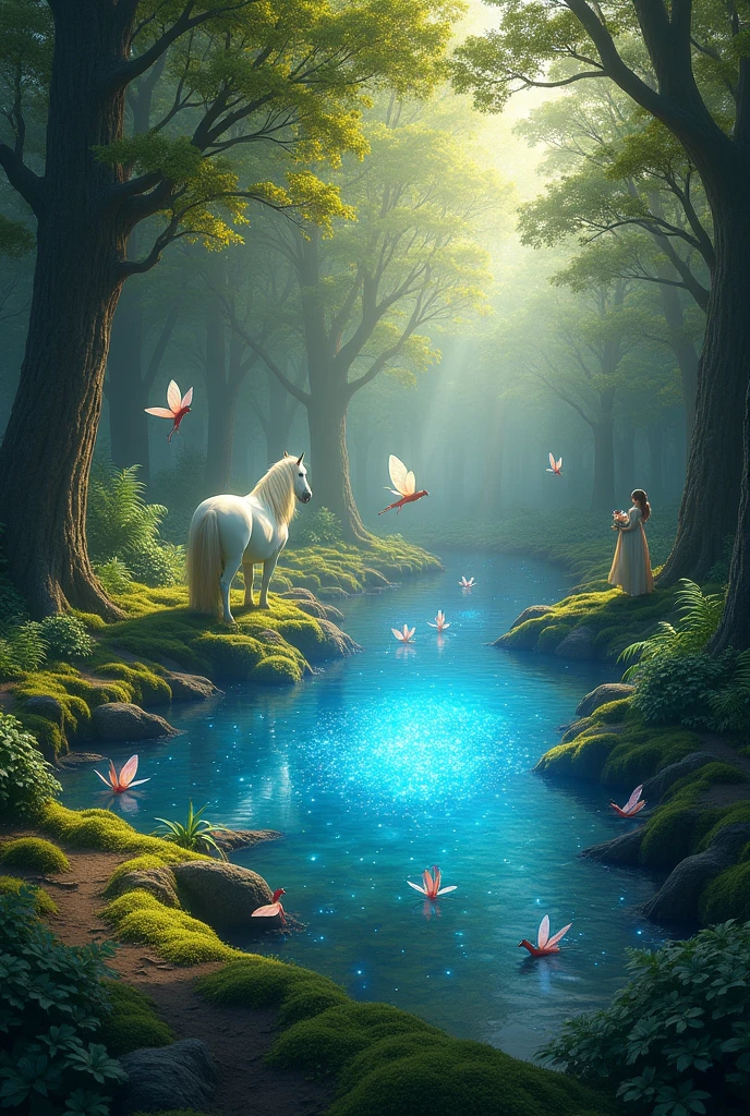 a forest, where in the middle of it there is a lake, in that lake, blue sparkles come out of it, near this lake you can see fairies, horses, and elves