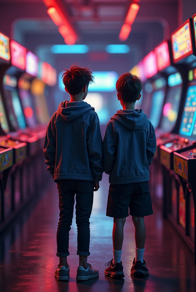 Boys playing arcade games in the 80s 