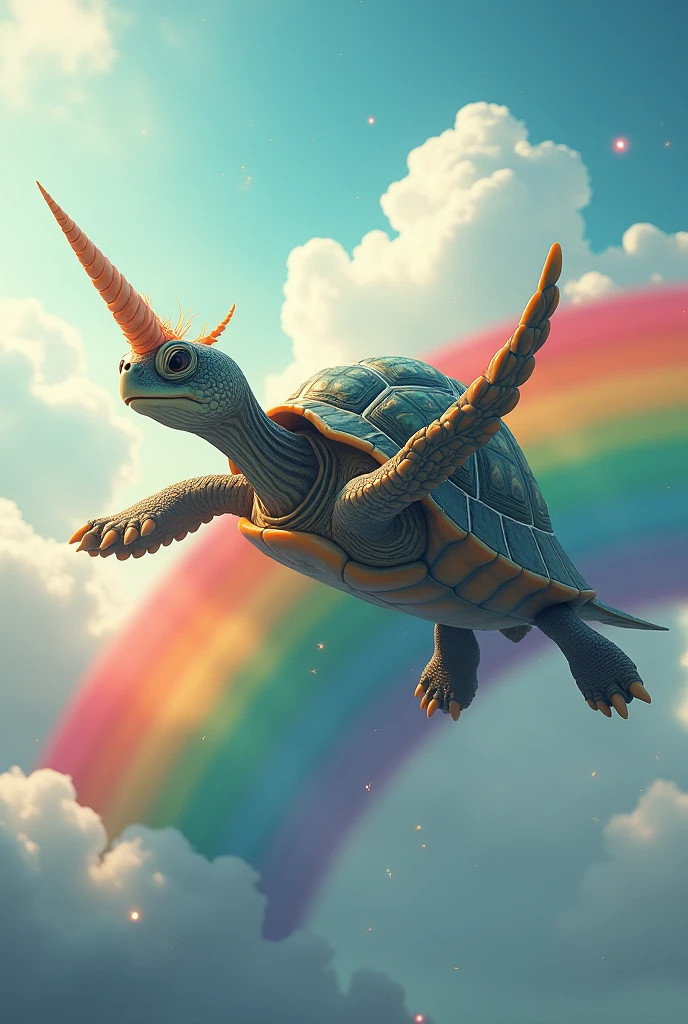 Turtle flying on a rainbow with horn on its head