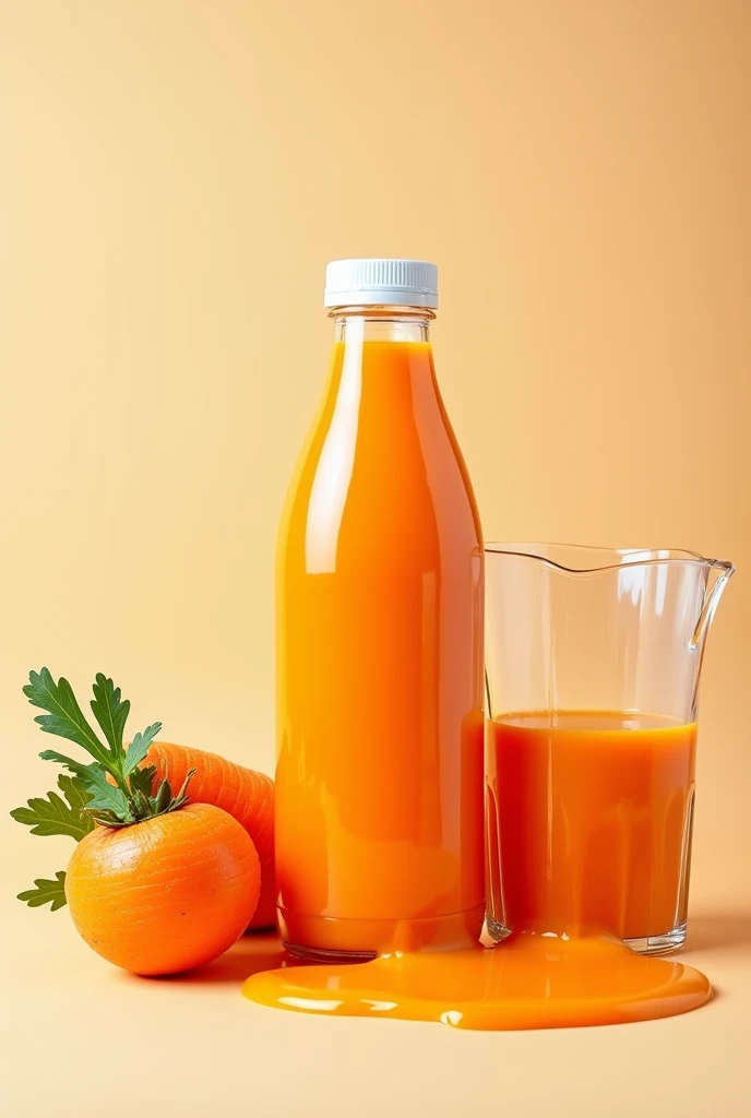 Image of carrot juice in a clear bottle with a white lid, image of carrot fruit and bottled carrot juice spilling into a jug 