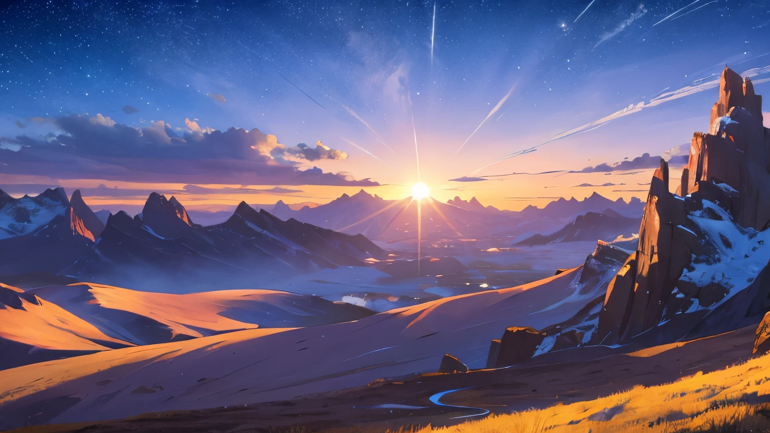 Fantasy landscape, pointed mountains, wide-open fields, shooting stars, sun set, See