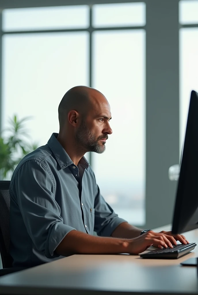 homme chauve devant un ordinateur