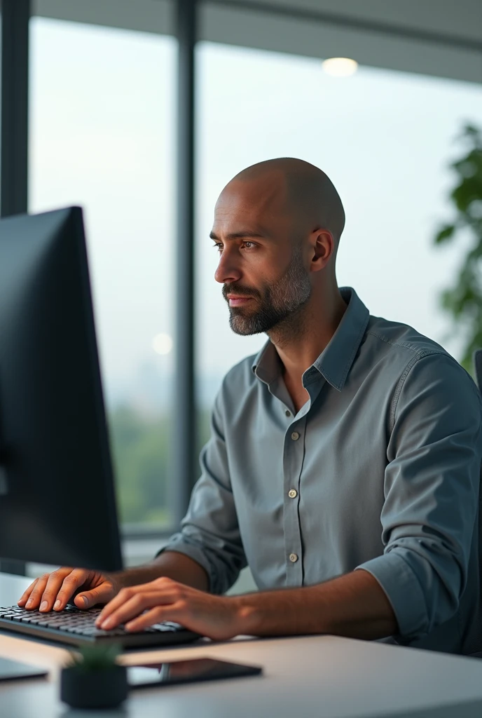 homme chauve devant un ordinateur