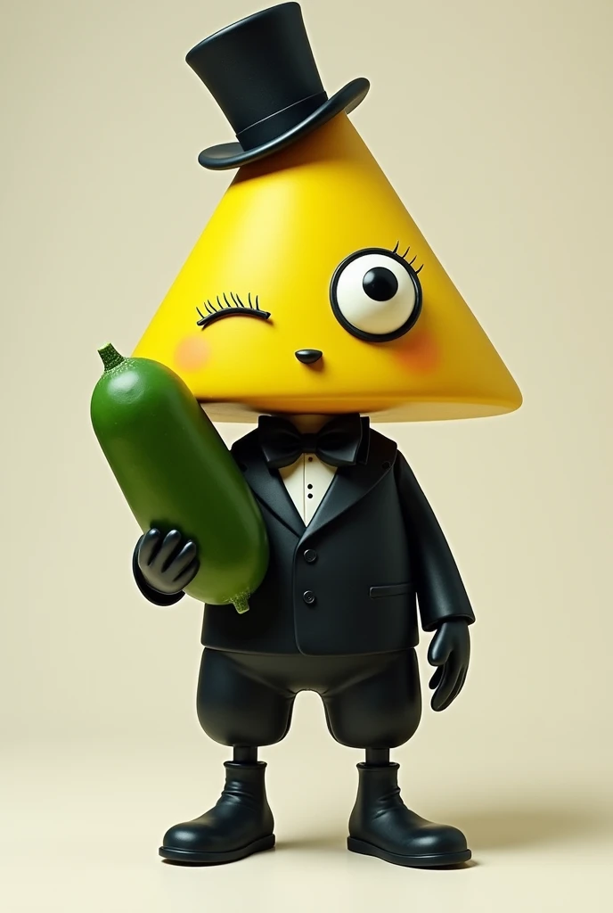 yellow triangle with one eye with eyelashes,
black bowtie, black tophat and black limbs and holding a cucumber