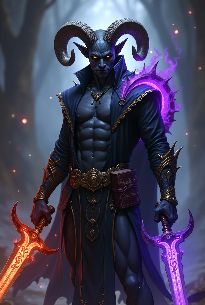 Dark-black skinned Tiefling male. One pearlescent eye and one yellow eye. Soft, solemn face. Ram’s horns are very short, compact, and tightly-wound. Dual-wielding. First sword: golden, intricately carved, with red,glowing runes that are oozing black smoke. Second sword: an elegant, curved blade that’s magically glowing a cobalt blue. Can see his chest due to his sleeveless, buttonless, open, black jacket. Has a purple glowing shield ON his back. Book holster on his belt that’s holding a malevolent tome