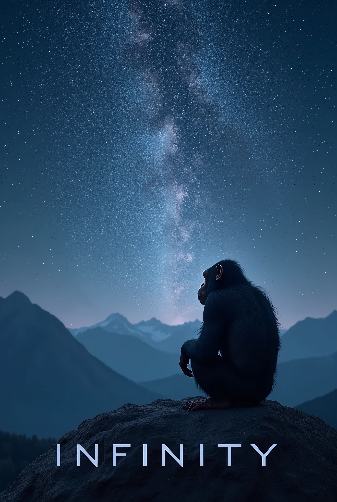The words "INFINITY" written in large letters at the bottom of the screen, ((masterpiece, highest quality, Highest image quality, High resolution, photorealistic, Raw photo, 8K)), ((Extremely detailed CG unified 8k wallpaper)), In the middle of the night, a chimpanzee sits on a rock at the top of a mountain, looking up at the stars, he gets a new idea about the origin of mankind, view from below,