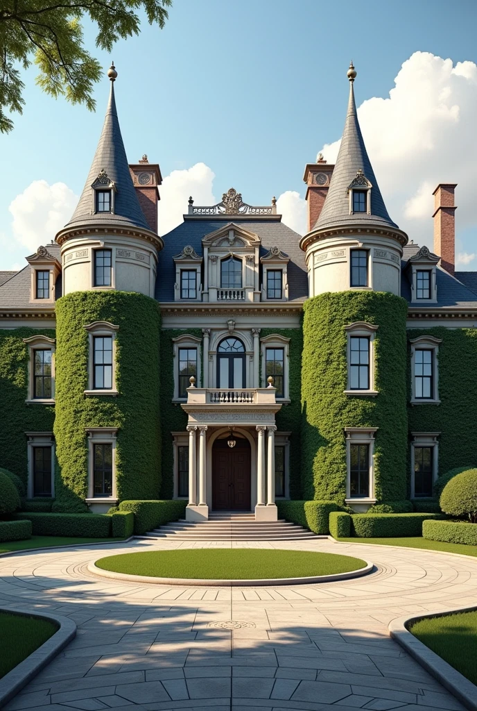 Old money house with more details and with towers on the sides and with plants on the walls The complete house and with a roundabout in front of the door to be able to park the car