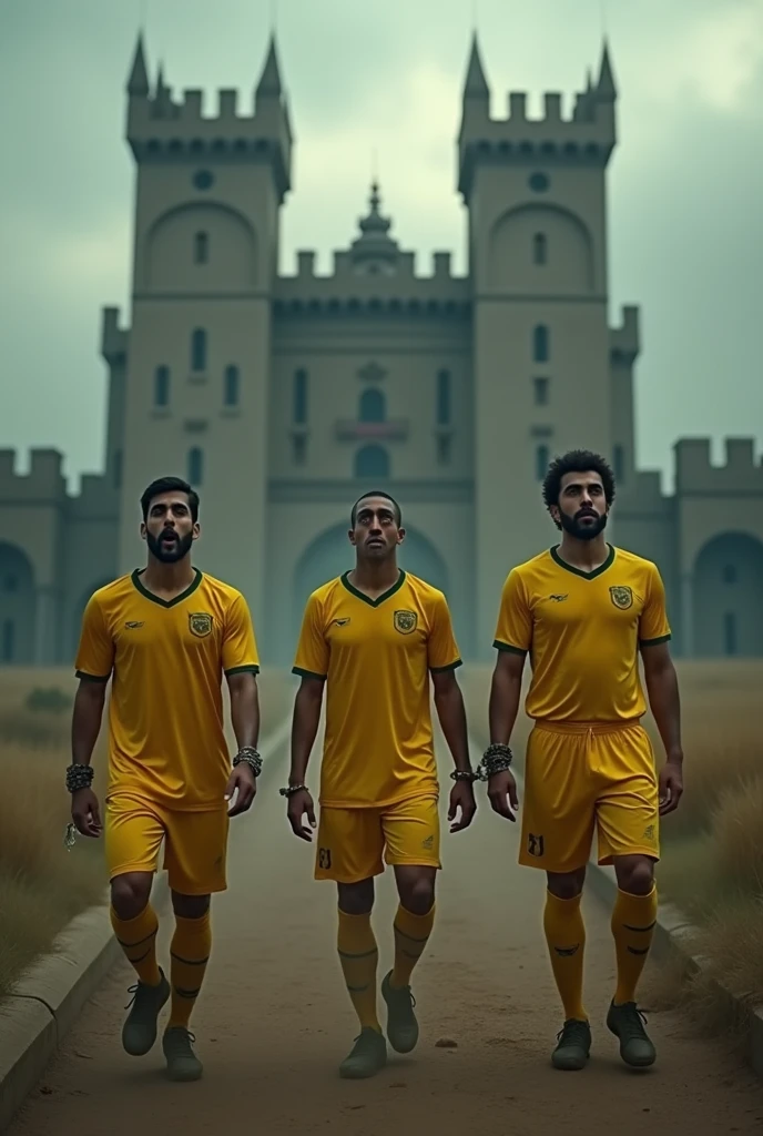 Three football players in yellow uniforms with their hands tied and moving towards the castle like slaves in a scary atmosphere or a big castle of Achaemenid Iran.
The image is very unreal and scary