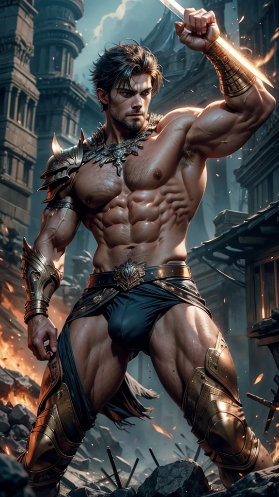 Amidst the epic battlefield, a male muscular young warrior stands, handsome face, extremely detailed facial features, perfect eyes, sexy gaze, perfect lips, perfect bare body, clad in brief that accentuate his toned physique, with chiseled abs and large chest, he exudes strength and power. His briefs are fitted snugly, revealing the contour of his muscular legs and thighs, (bulge: 1.2), highlighting his masculinity and readiness for combat. His eyes are focused, determination etched onto his face, as he prepares for the next battle, embodying the spirit of courage and resilience, sword in hand, fire and ashes all around, full view, battle posture, attacking with the sword,