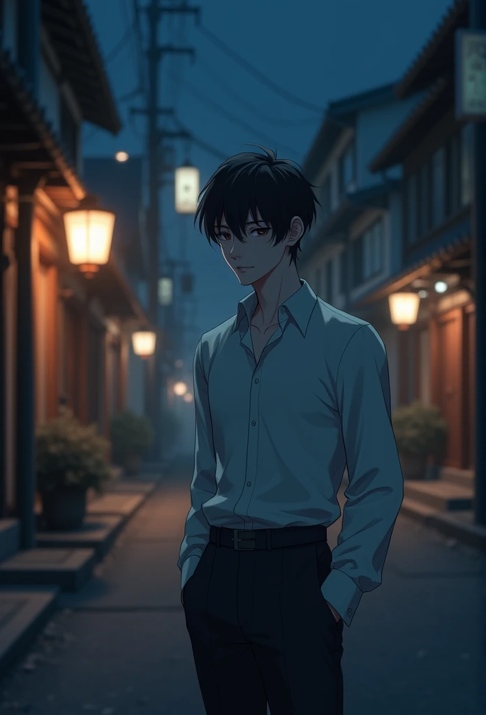 (handsome man: 1.4), white shirt, black short hair, delicate face, white skin, Formal dress, ((บนถนนในเวลาnighttime: 1.4)), nighttime, deserted, no one, HD image 8kg, High quality masterpiece images,Ryokan、Greet each other with a smile