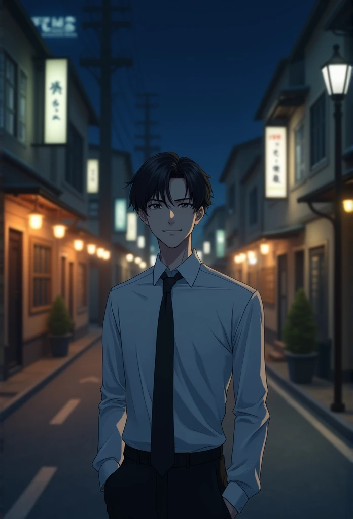 (handsome man: 1.4), white shirt, black short hair, delicate face, white skin, Formal dress, ((บนถนนในเวลาnighttime: 1.4)), nighttime, deserted, no one, HD image 8kg, High quality masterpiece images,Ryokan、Greet each other with a smile
