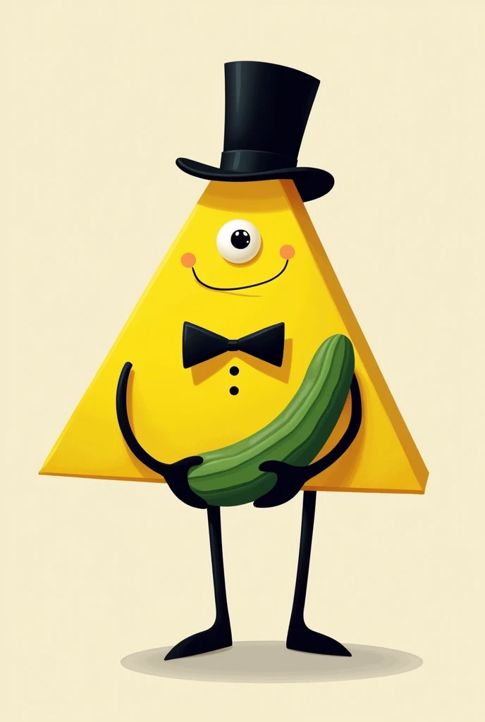 yellow triangle with one eye,
black bowtie, black tophat and black limbs and holding a cucumber