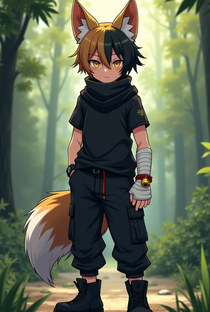 Hybrid manga boy with brown fox ears and a brown fox tail, il a les cheveux bicolore noir et brun aux yeux jaunes avec deux traits noirs sous les yeux. Il porte un t-shirt noir avec un foulard noir autour du cou. He is wearing black cargo pants with black boots, il porte des mitaines aux mains, one white and one black and a white bandage bandage wrapped around the arm. Il porte aussi un bracelet rouge avec une clochette au bras droit et une montre noir au poignées gauche. There is a forest background behind him.