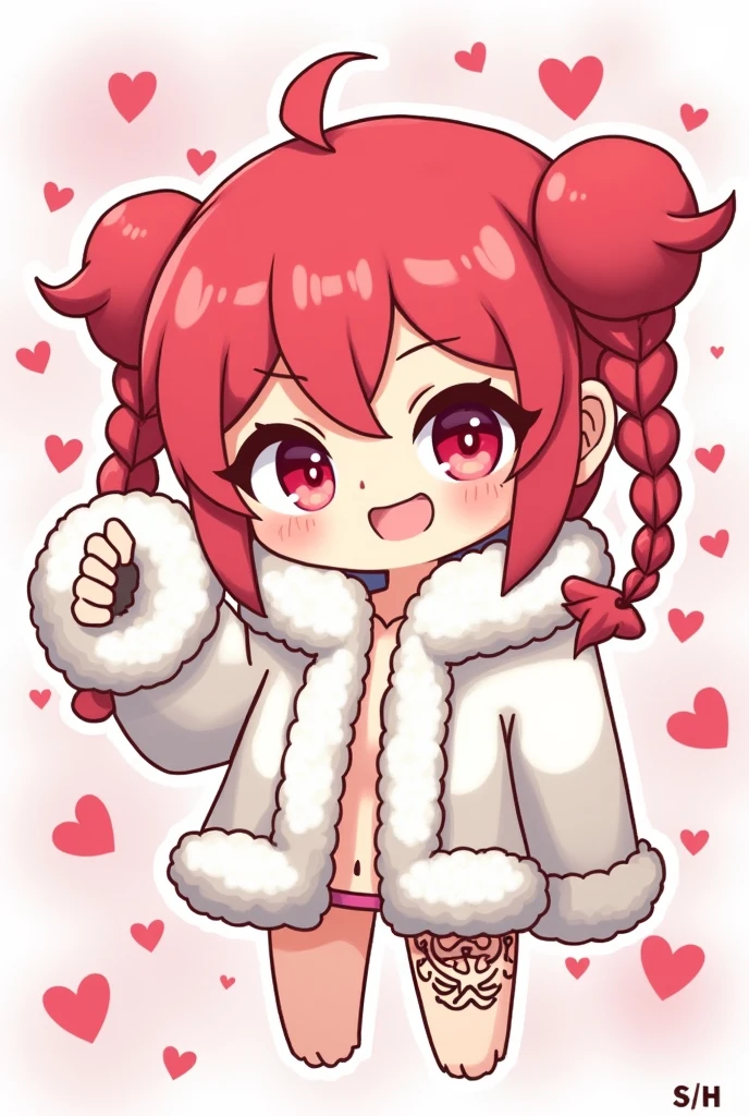 A cute chibi with red hair in pigtails with braids and red eyes and a white chooped with fur and on her hand a white glove with fur and with tattoos on her belly on the right side and background images full of small hearts.

